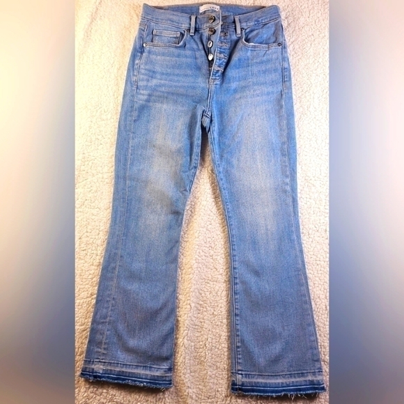 Loft Exposed Button Front High Rise Mini Flare Kick Crop Raw Hem Size 27/4 - Picture 2 of 12
